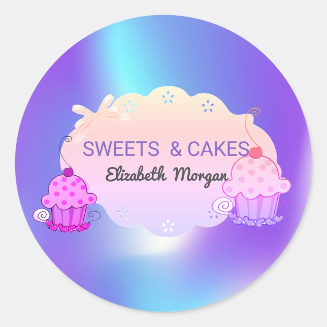 Girly Trendy, Holographic Cupcake Bakery Runder Aufkleber (Vorderseite)