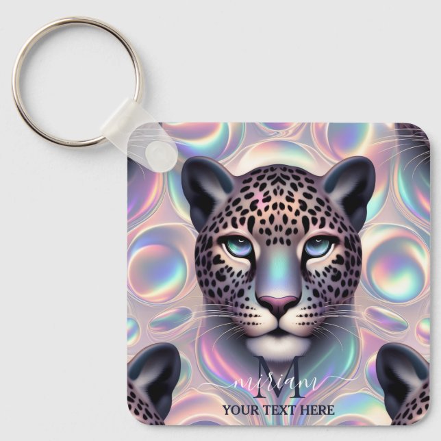 Girly Trendy Opal Leopard Print Monogram Softcover Schlüsselanhänger (Vorderseite)