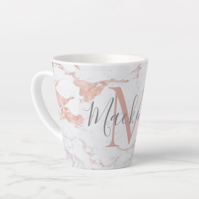 Girly Trendy Rose Gold Foil Marmor Monogram Milchtasse (Linke Ecke)