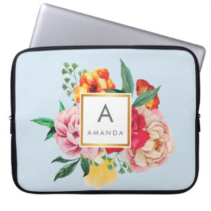 Girly TRENDY Watercolor Peony Blume Monogram Laptopschutzhülle