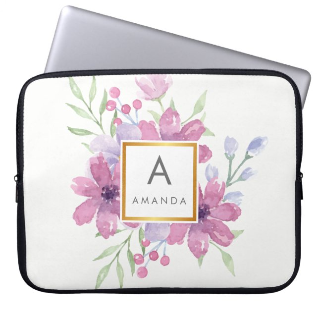 Girly TRENDY Watercolor PINK Peony Blume Monogram Laptopschutzhülle (Vorderseite)