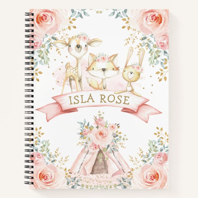 Girly Tribal Woodland Tiere Blush Gold Floral Notizbuch (Vorderseite)