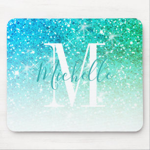 Girly Türkis Aqua Blau Glitter Glanz Monogramm Nam Mousepad