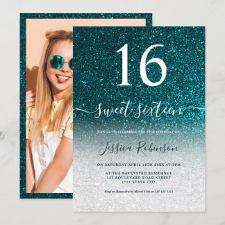 Girly türkis Glitzer Drehbuch Chic Sweet 16 Einladung