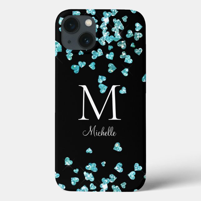 Girly Turquoise Glitzer Hearts Monogram Case-Mate iPhone Hülle (Rückseite)