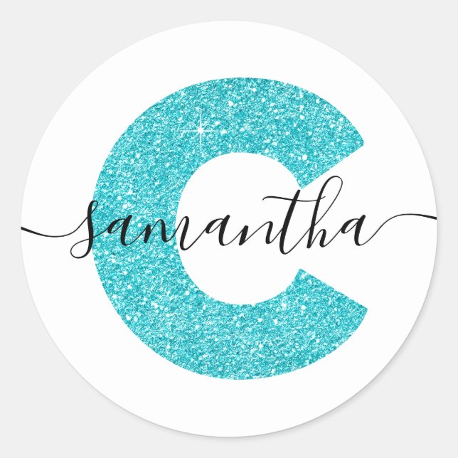 Girly Turquoise Glitzer Letter C Monogram Runder Aufkleber (Vorderseite)