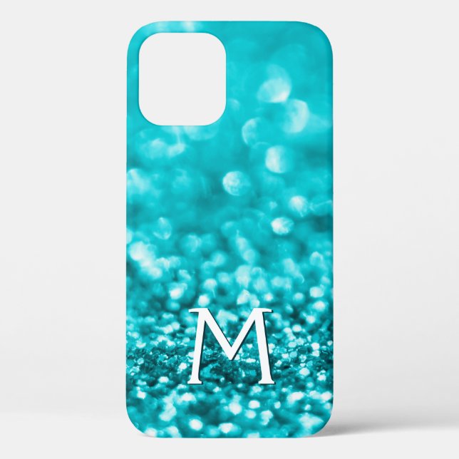 Girly Turquoise Glitzer Monogram Case-Mate iPhone Hülle (Rückseite)