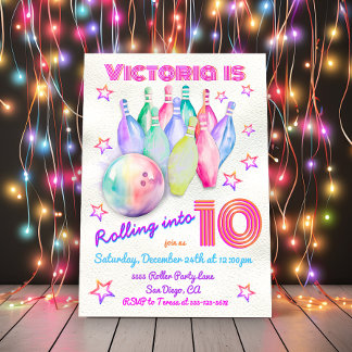 Girly Tyly färben rosa Bowling Birthday Party Einladung