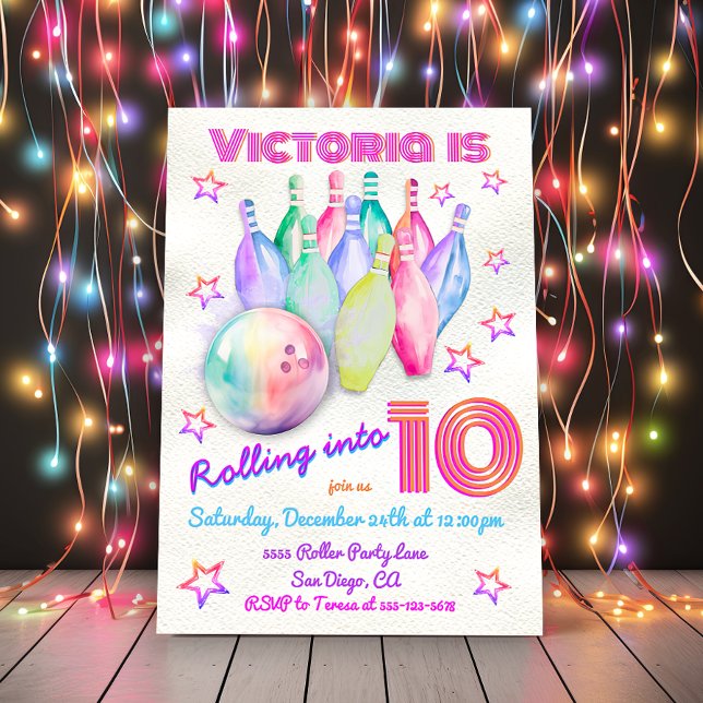 Girly Tyly färben rosa Bowling Birthday Party Einladung (Von Creator hochgeladen)