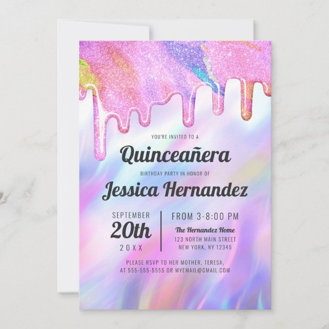 Girly Unicorn Holographic Glitzer Tropfen Quinceañ Einladung (Vorderseite)