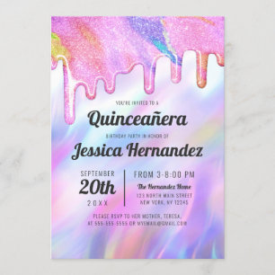 Girly Unicorn Holographic Glitzer Tropfen Quinceañ Einladung
