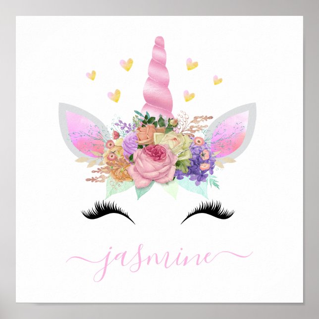Girly Unicorn Pink Floral Script Name Poster (Vorne)