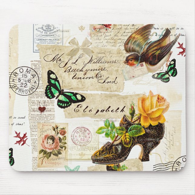 Girly Vintag Ephemera Fashion Collage mit Namen Mousepad (Vorne)