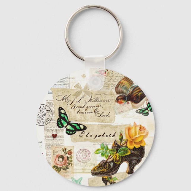 Girly Vintag Ephemera Fashion Collage mit Namen Schlüsselanhänger (Vorderseite)