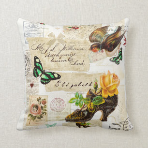 Girly Vintage Eintagsfliege-Mode-Collage mit Namen Kissen