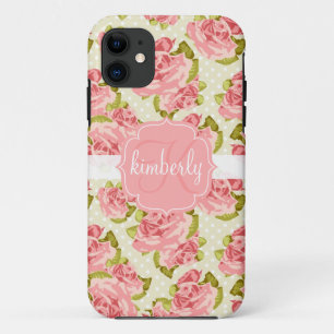 Girly Vintage rosa Rosen mit Monogramm iPhone 11 Hülle