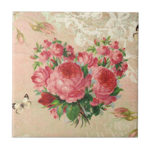 Girly Vintage Rosen-Herz-Collage Fliese