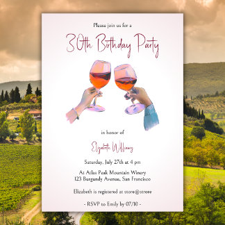 Girly Watercolor Adult Red Wine Geburtstagsparty Einladung