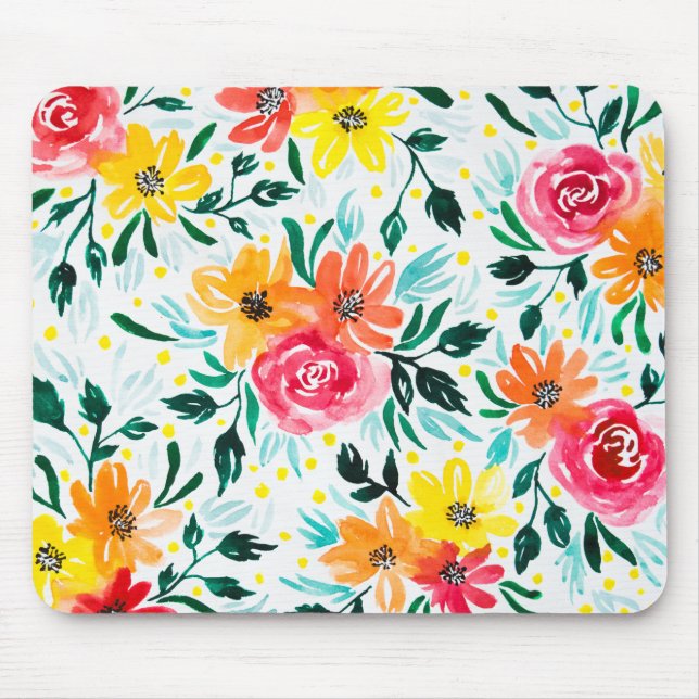 Girly Watercolor Floral Illustration Design Mousepad (Vorne)