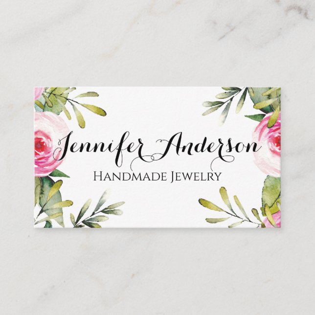 Girly Watercolor Floral Rose Handcraftet Juwelen Visitenkarte (Vorderseite)