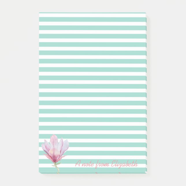 Girly Watercolor Magnolia on Stripes Personalisier Post-it Klebezettel (Vorderseite)