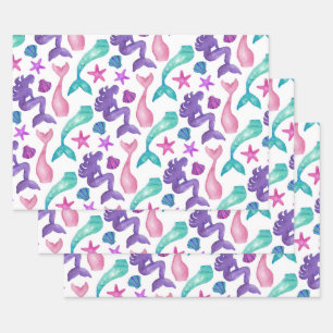 Girly Watercolor Mermaids Tales Seashells Pattern Geschenkpapier Set