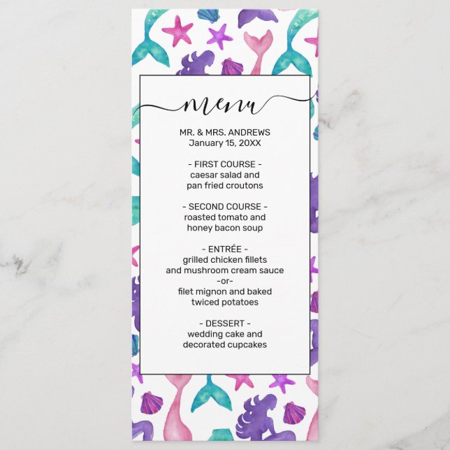Girly Watercolor Mermaids Tales Seashells Pattern Menükarte (Vorderseite)