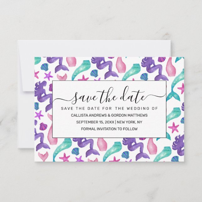 Girly Watercolor Mermaids Tales Seashells Pattern Save The Date (Vorderseite)