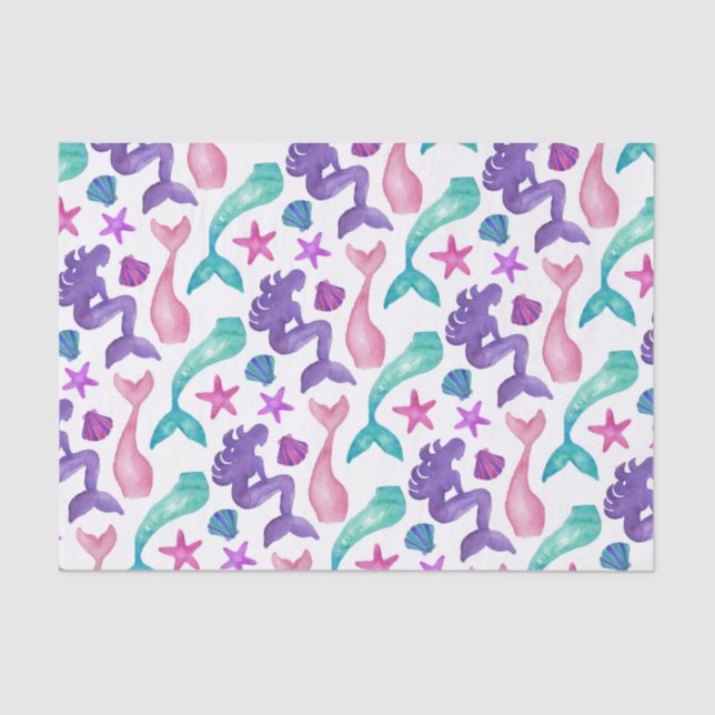 Girly Watercolor Mermaids Tales Seashells Pattern Seidenpapier (Vorderseite)