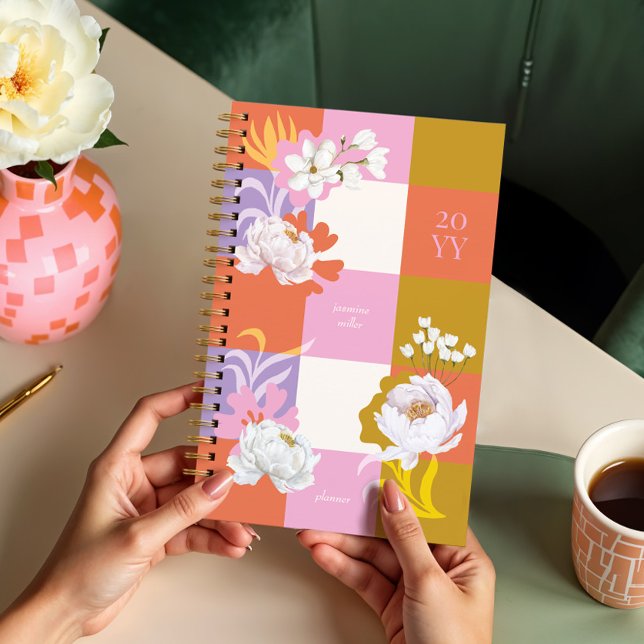 Girly Watercolor Peony Florals Retro Planer (Girly Watercolor Peony Florals Retro Checkered Planner)