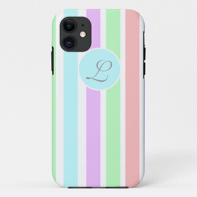 Girly weiche Pastellfarben Streifen, Monogramm. Case-Mate iPhone Hülle (Rückseite)