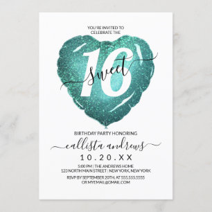Girly White Aquamarin Glitzer Herzballon Sweet 16 Einladung