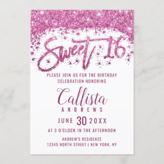 Girly White Bright Pink Glitzer Dust Sweet 16 Einladung
