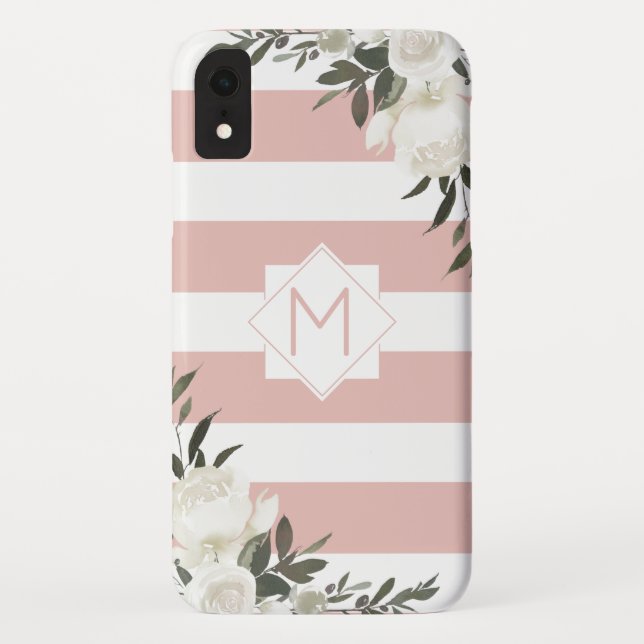 Girly White Floral Pink Streifen Gerahmt Case-Mate iPhone Hülle (Rückseite)