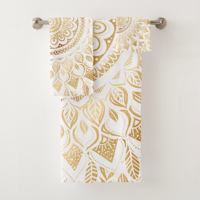 Girly White Gold Mandala Floral Badhandtuch Set (Insitu)