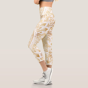 Girly White Gold Mandala Floral Capri Leggings