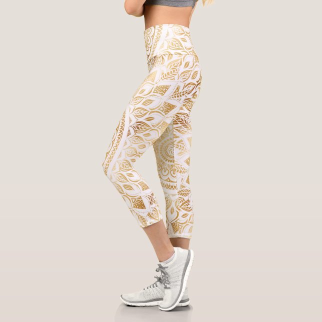 Girly White Gold Mandala Floral Capri Leggings (Links)