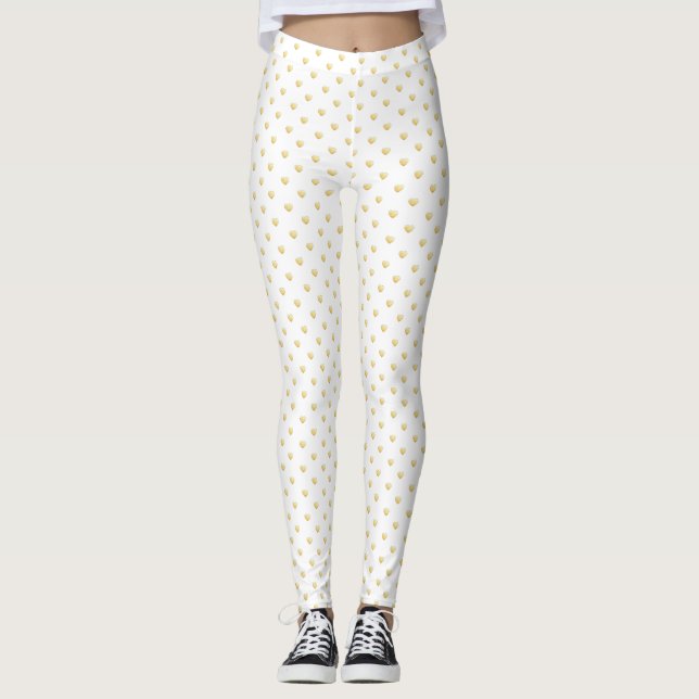 Girly White Hearts Pattern Gold Leggings (Vorderseite)