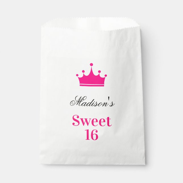 Girly White Hot Pink Sweet 16 Princess Crown Name Geschenktütchen (Vorderseite)