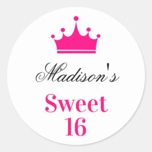 Girly White Hot Pink Sweet 16 Princess Crown Name Runder Aufkleber