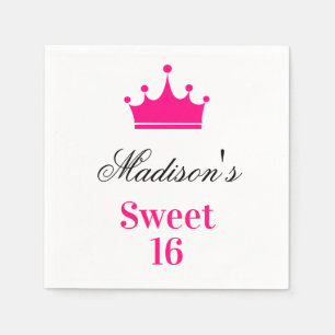 Girly White Hot Pink Sweet 16 Princess Crown Name Serviette