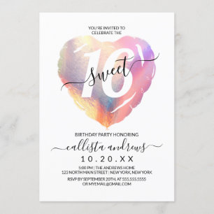 Girly White Iridescent Foil Heart Ballon Sweet 16 Einladung