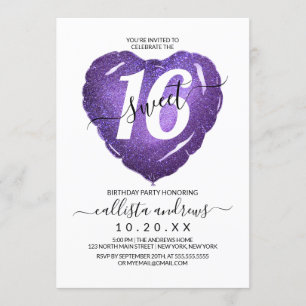 Girly White Lila Glitzer Herzballon Sweet 16 Einladung