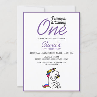 Girly White & Lila Unicorn 1. Geburtstag Einladung