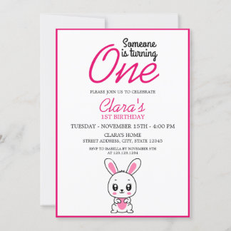 Girly White & Pink Bunny Thema 1. Geburtstag Einladung