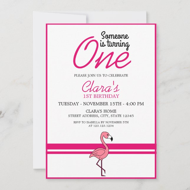 Girly White & Pink Flamingo Thema 1. Geburtstag Einladung (Vorderseite)