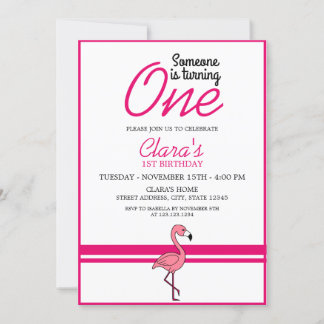 Girly White & Pink Flamingo Thema 1. Geburtstag Einladung