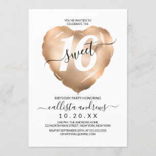 Girly White Pink Gold Foil Herzballon Sweet 16 Einladung