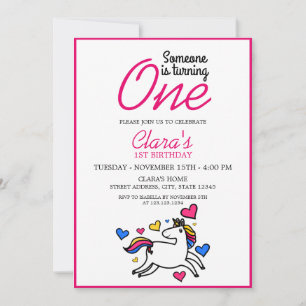Girly White & Pink Unicorn 1. Geburtstag Einladung