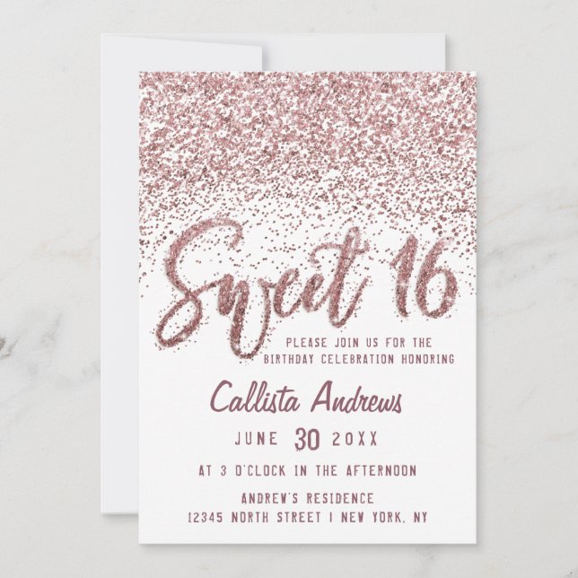 Girly White Rose Gold Scattered Glitzer Sweet 16 Einladung (Vorderseite)